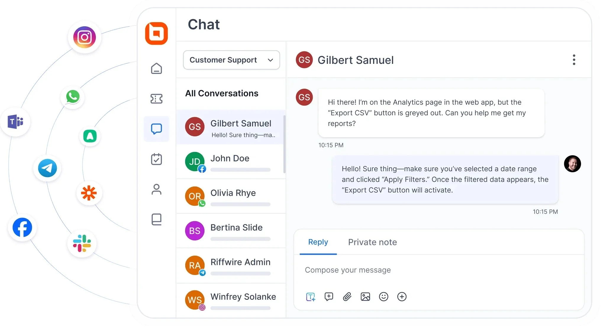 Chat interface with customer support conversations, contact list on left, chat exchange on right, and social media icons for app integration.