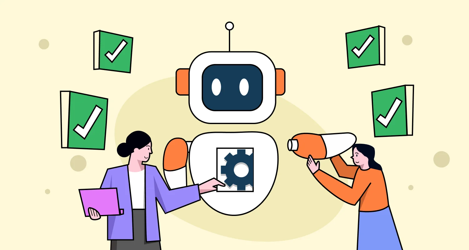 An illustration showing the process of building an AI agent, featuring a central robot icon with a gear symbol representing configuration, surrounded by team members collaborating and checkmarks indicating completed steps.”
