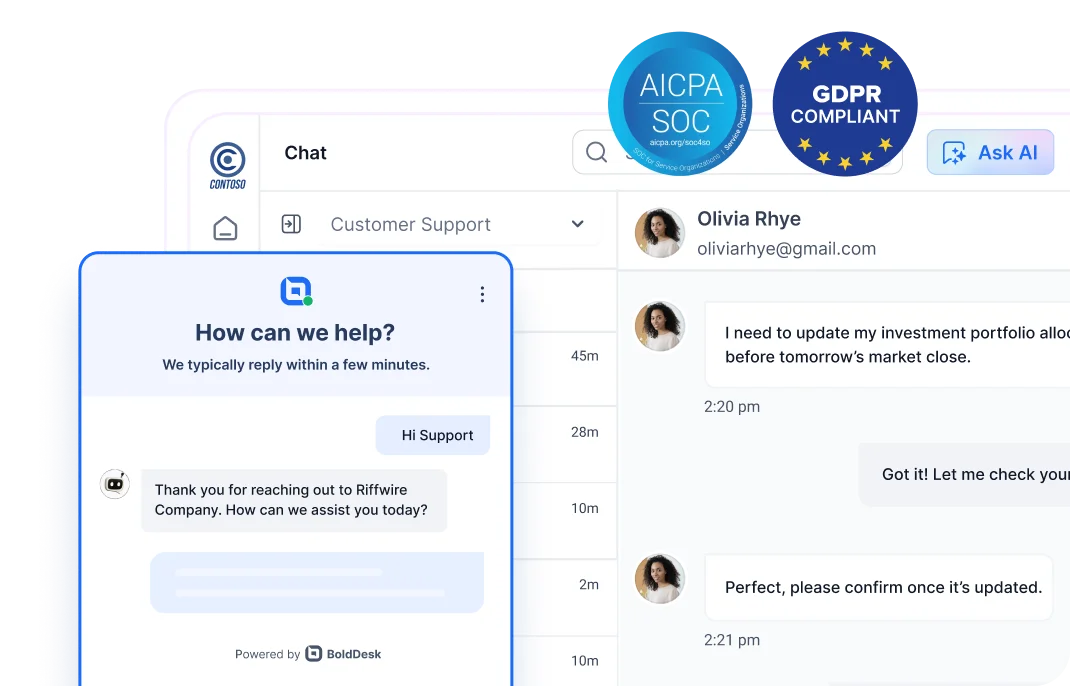 Customer support chat interface with compliance badges and AI-powered assistance for quick responses – Help desk for Finance.