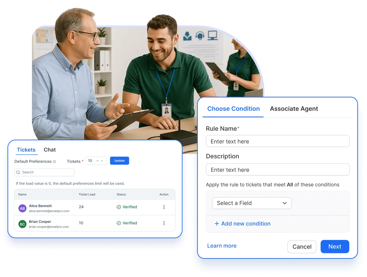 Office setting with two people discussing while digital overlays show ticket management and rule settings for help desk.