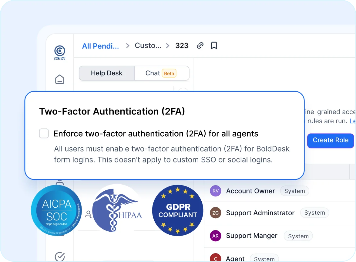 Help desk software for SaaS showing two-factor authentication settings with compliance badges like GDPR and HIPAA