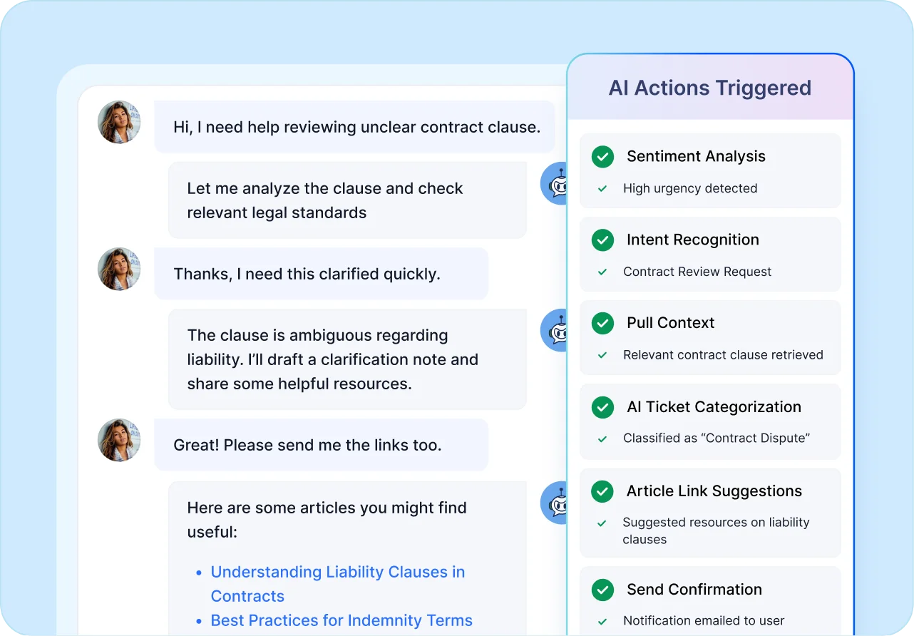 Legal help desk AI actions for contract review with sentiment analysis and intent recognition.