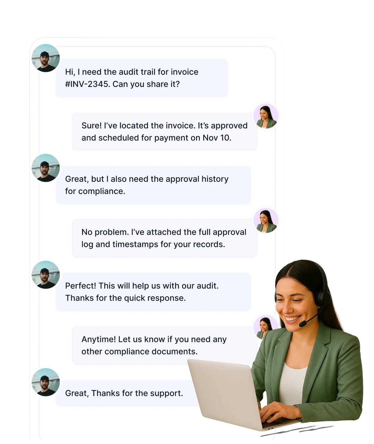 Chat interface showing discussion about invoice audit trail and compliance approval history for finance support – Help desk for Finance.