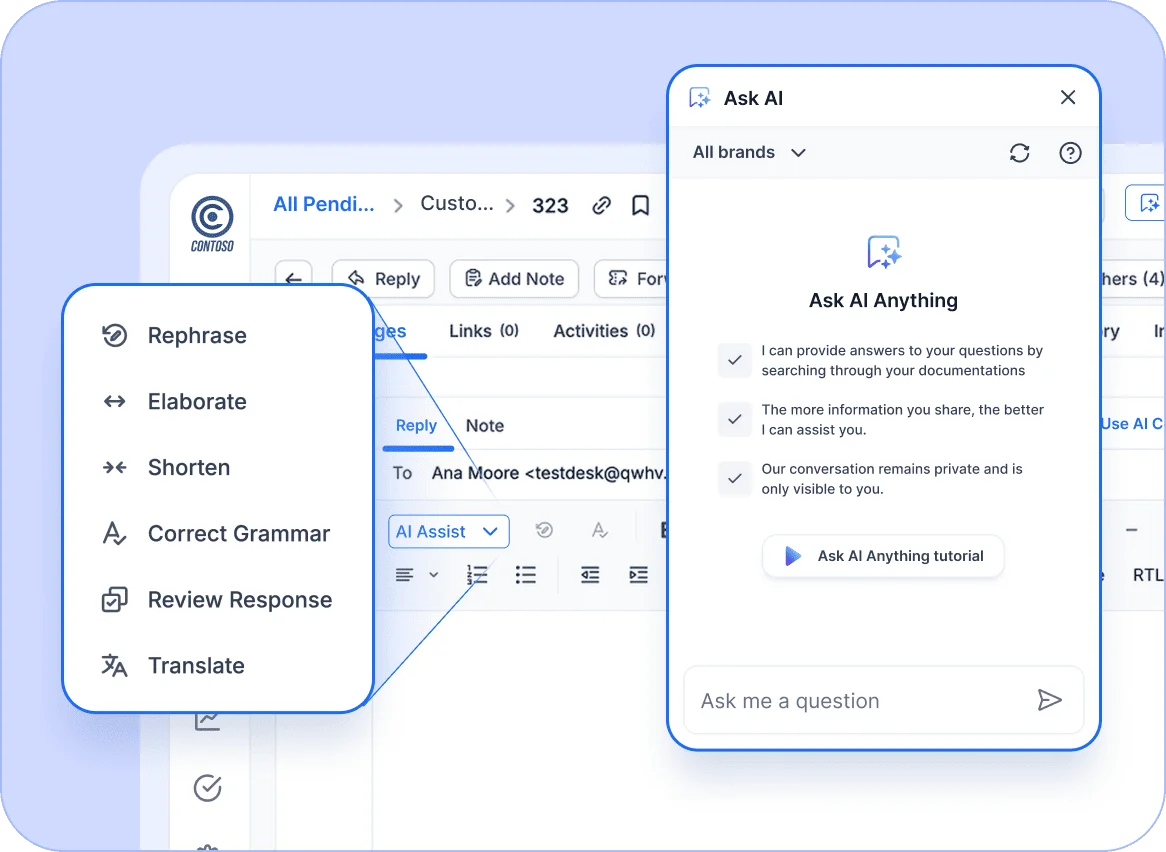 AI tool interface with options like Rephrase, Elaborate, Translate and a panel titled Ask AI Anything for assistance.