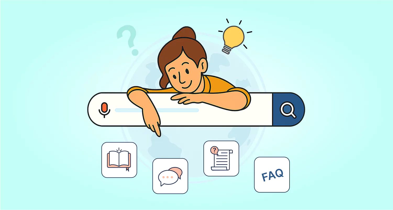 Illustration of a person leaning on a search bar with icons for a book, chat bubble, document, and FAQ, representing a web self-service tool for finding information online.