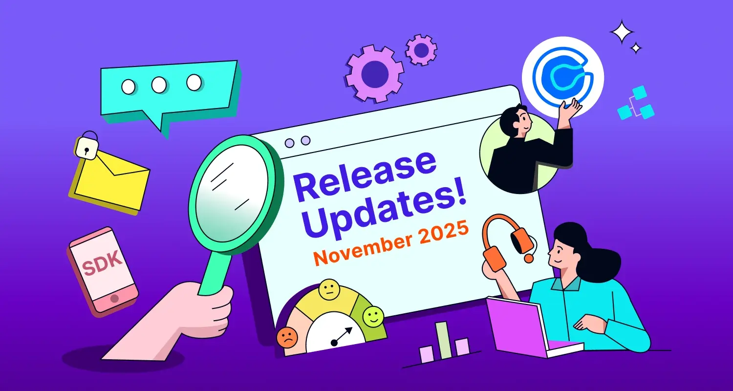 Illustration of a browser window displaying “Release Updates! November 2025” surrounded by icons like a magnifying glass, chat bubbles, gears, an envelope, a smartphone labeled SDK, and charts on a purple background.