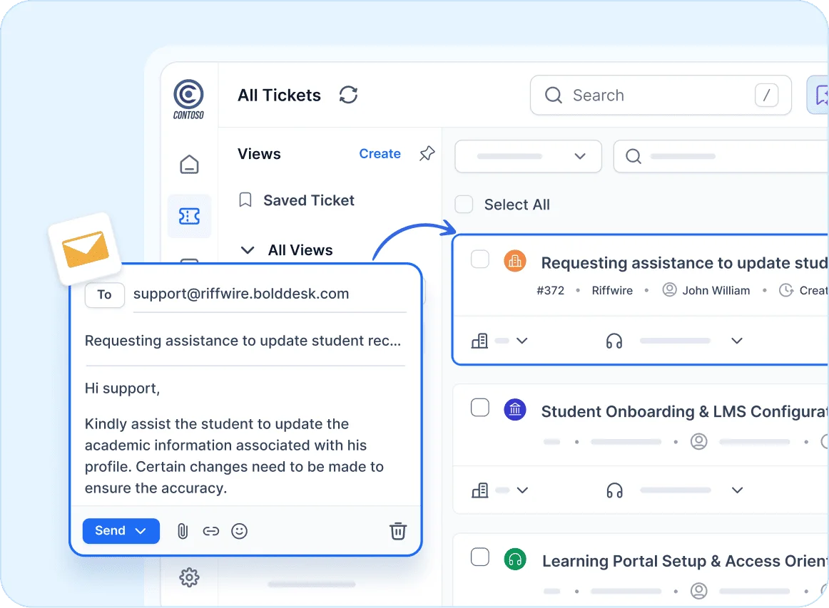 Help desk software interface showing rule setup form with name, description, and condition fields.