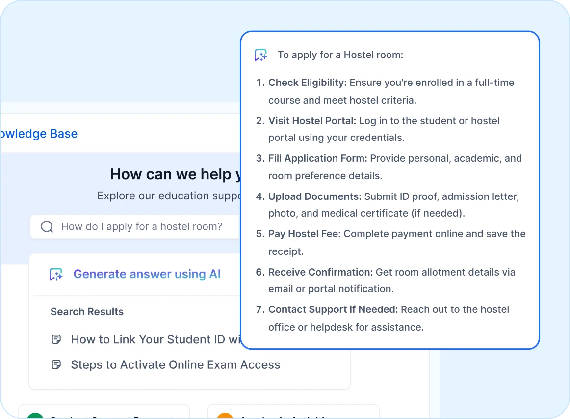 Digital interface showing hostel application steps: eligibility, login, form, upload, payment, receipt, and support.