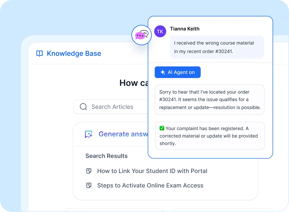 Knowledge base interface showing user complaints on wrong course material and AI agent offering replacement or update.