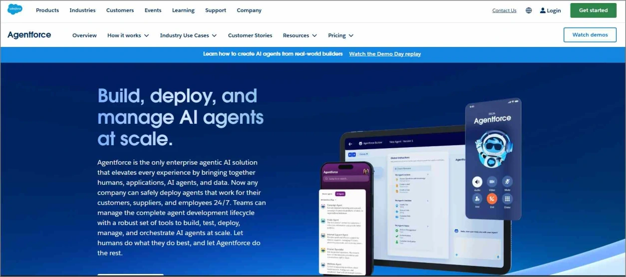 An infographic showing Salesforce Agentforce, a platform for building and deploying autonomous AI agents at scale.