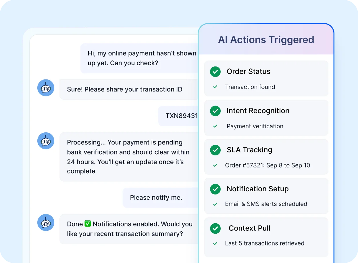 AI agent chat handling online payment query with transaction ID sharing and order status updates – Help desk for Finance
