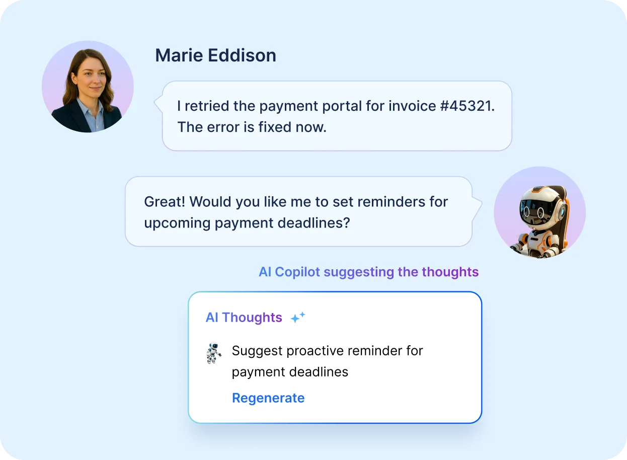 AI assistant chat fixing payment portal error and suggesting deadline reminders – Finance Customer Service.