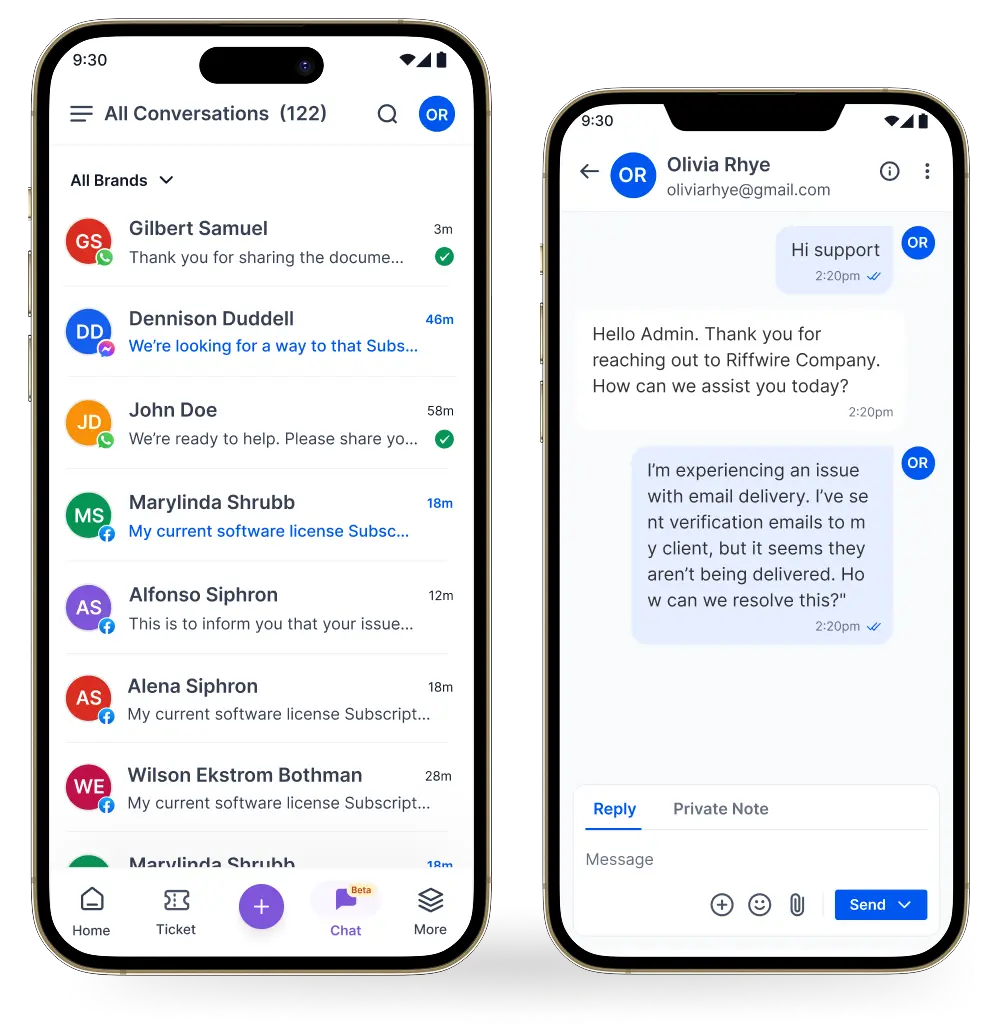 Help desk for Entertainment mobile interface showing conversation list and live chat support.