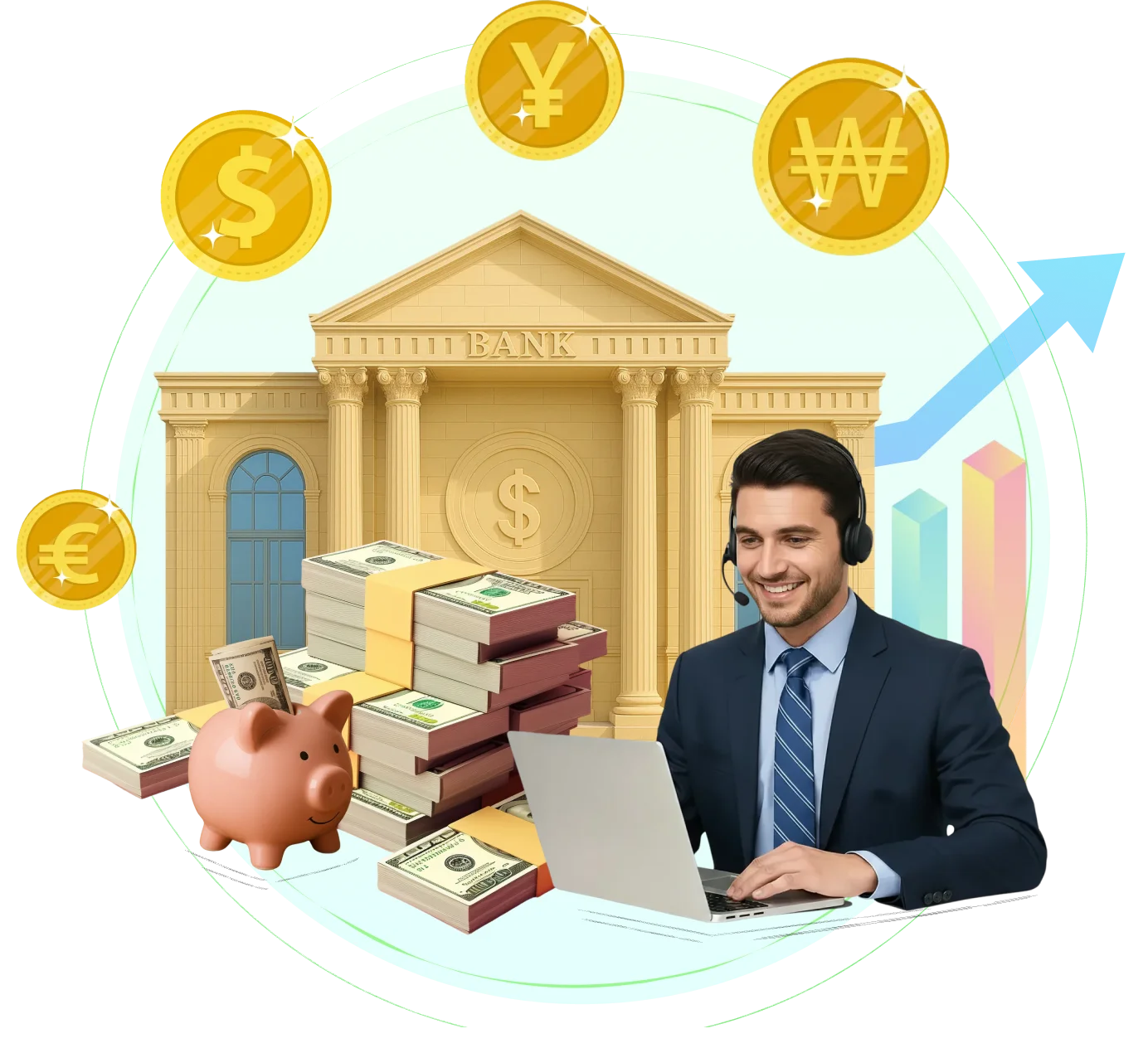 Business professional using a laptop with financial icons like cash stacks, piggy bank, bank building, and growth chart – Help desk for Finance.