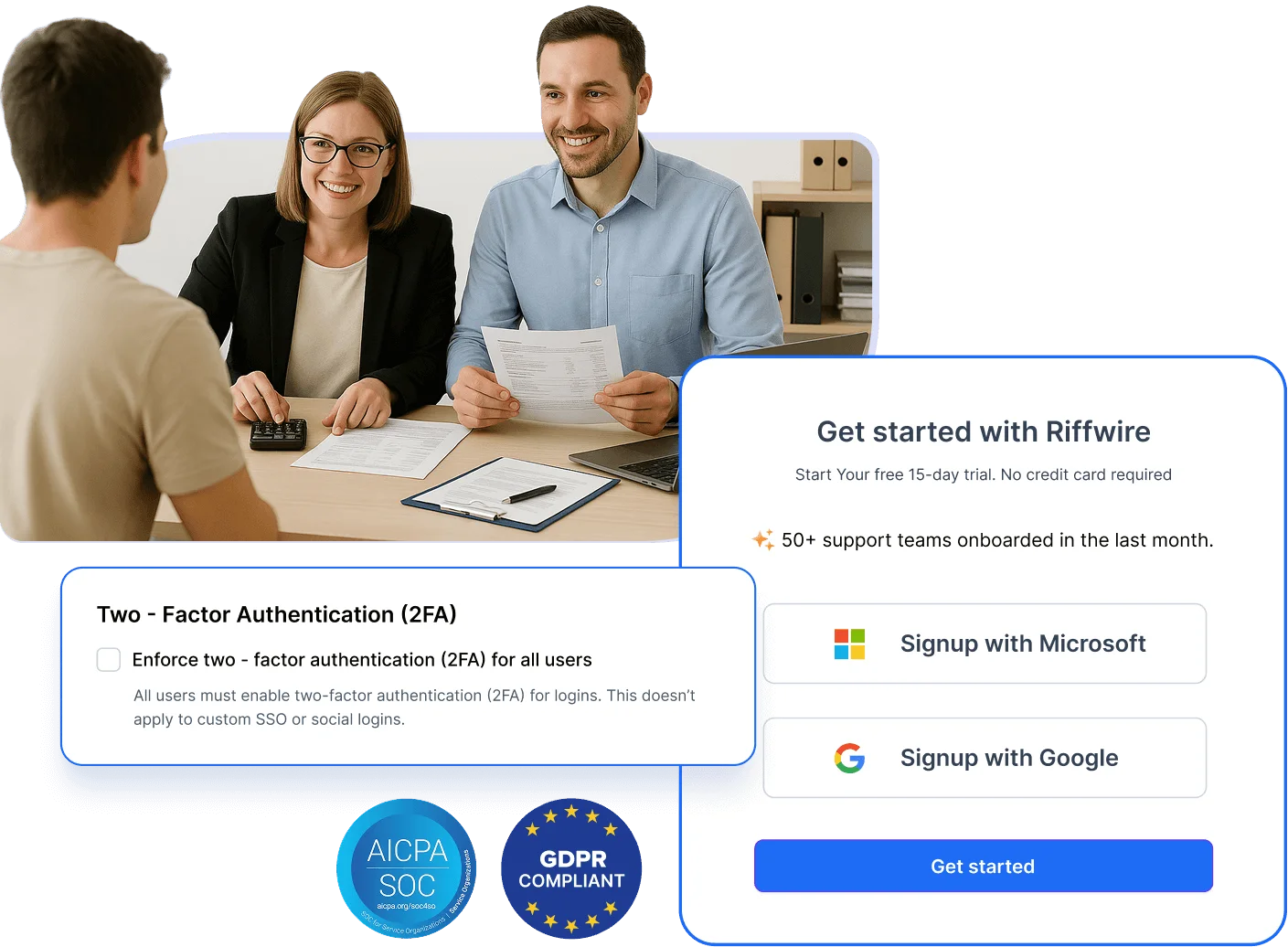 Office meeting with document discussion and overlays showing 2FA enforcement options and signup prompts for Microsoft and Google.