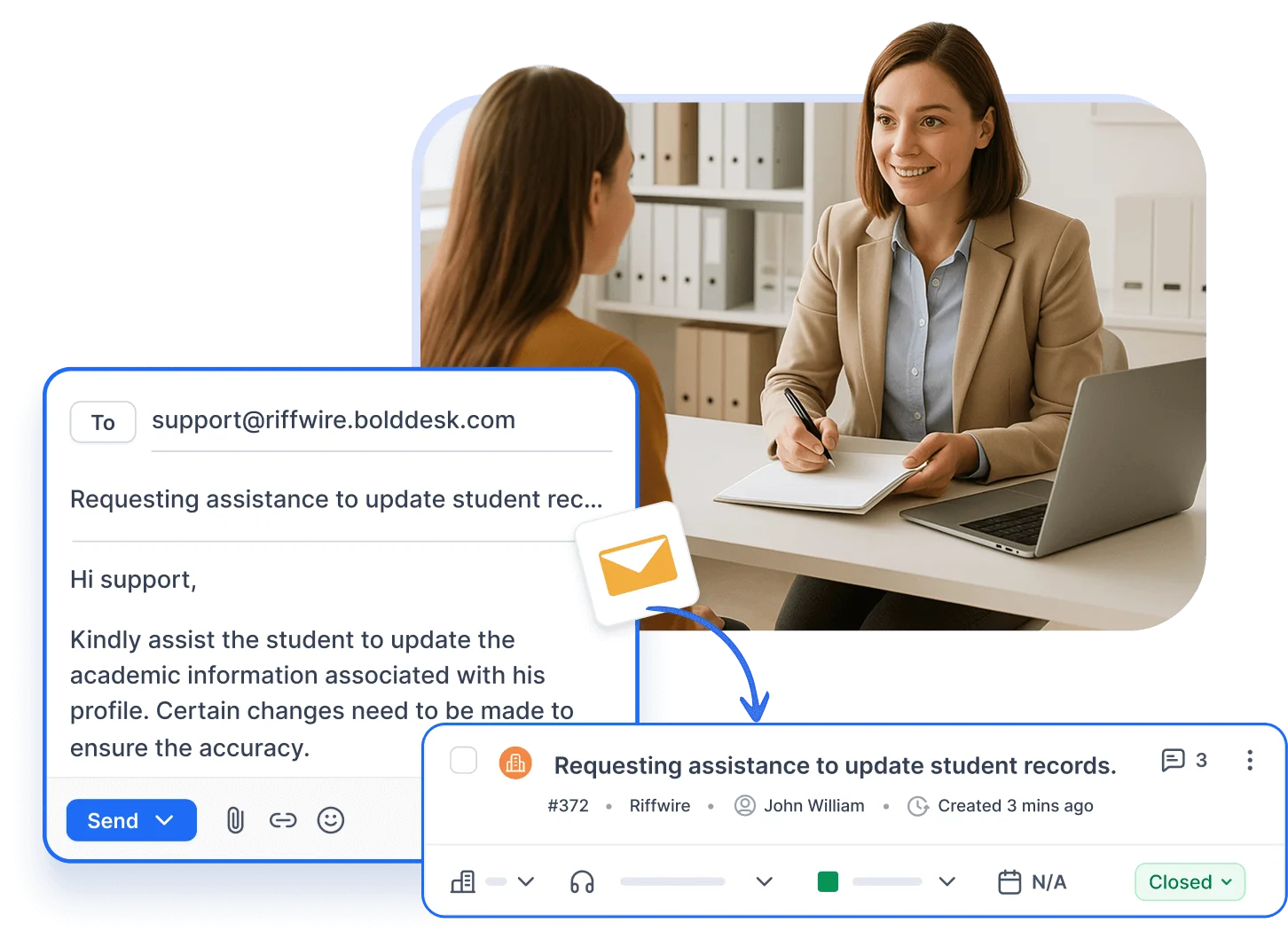 Professional setting with laptop, support email, and help desk ticket related to student records overlaid on the image.