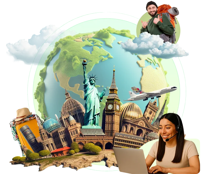 Travel help desk collage featuring a backpack traveler, global landmarks like Big Ben and Statue of Liberty, an airplane, and a woman providing AI-powered travel customer support on a laptop.