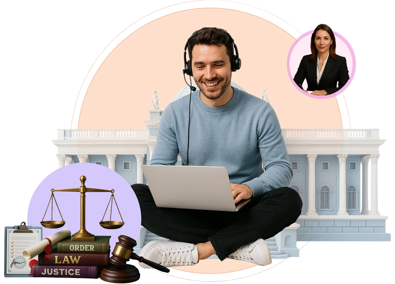 Help desk software for legal firms shown with law icons, laptop, and courthouse backdrop for legal support.