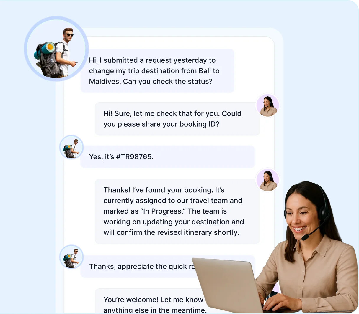 Chat interface showing a smiling travel help desk agent with headset assisting a customer on a trip change request from Bali to Maldives