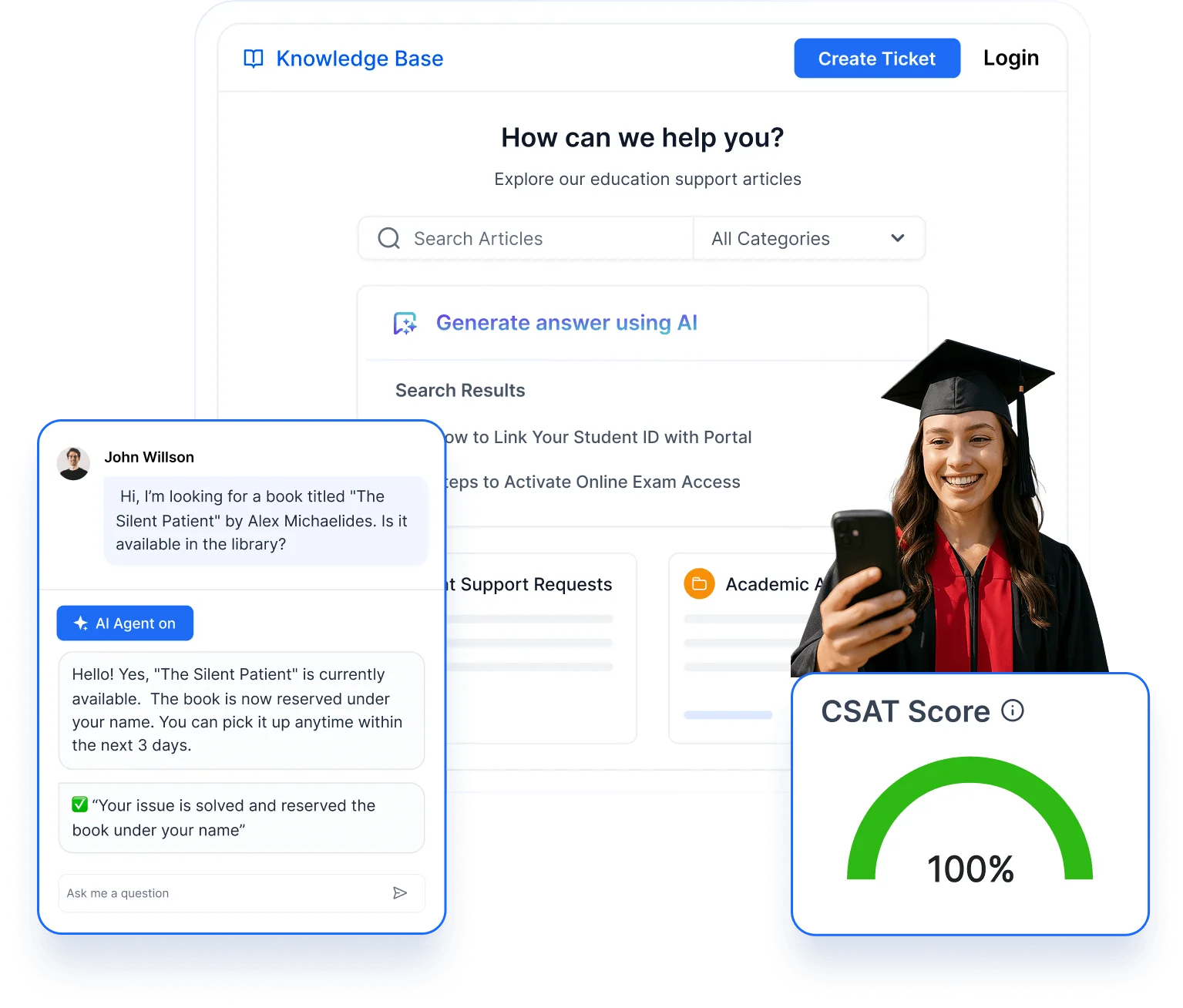 AI education supports search, chat, and happy graduates. CSAT 100% shows excellent student satisfaction.