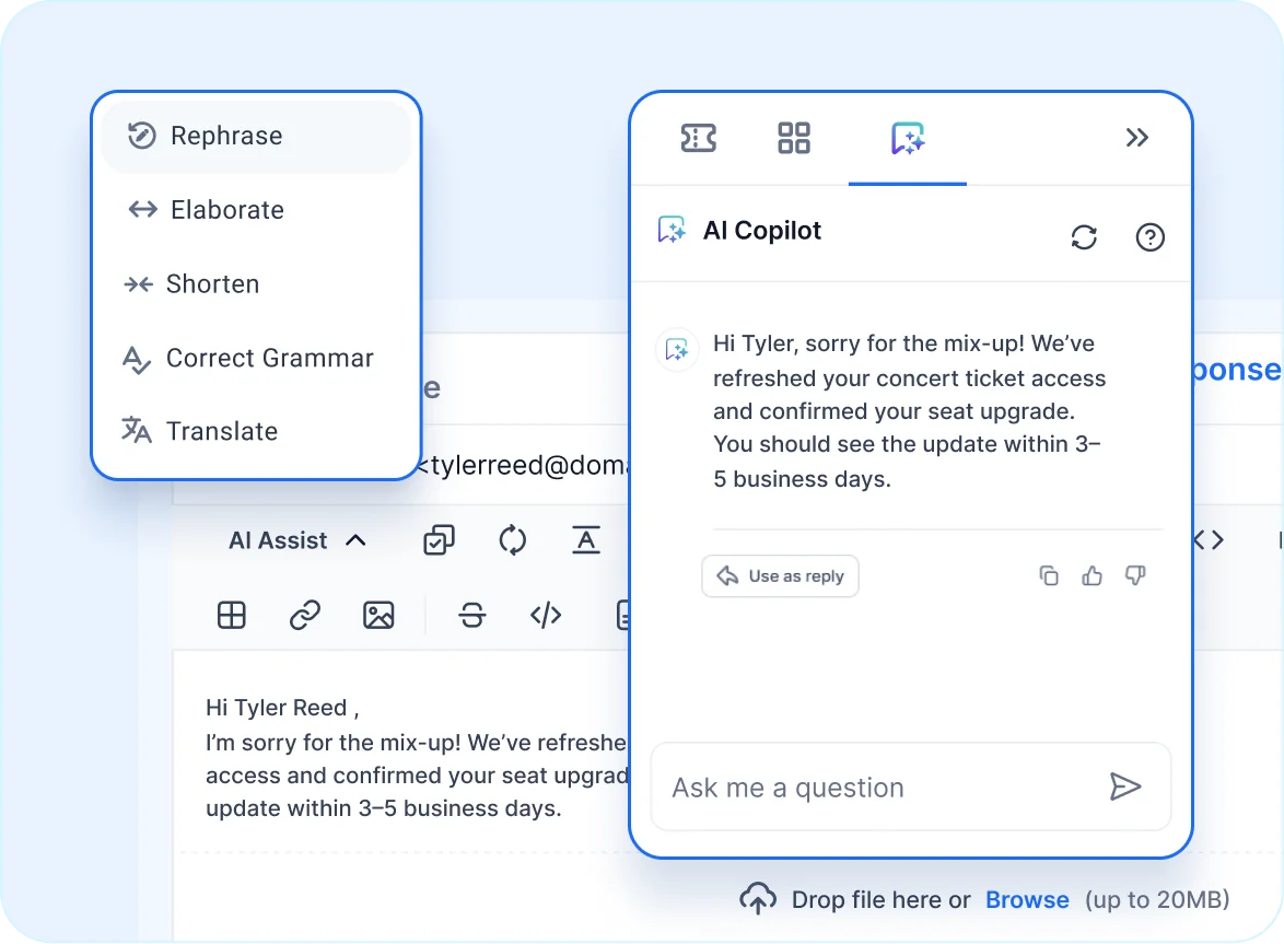 AI-powered help desk for entertainment with smart reply tools like rephrase, elaborate, translate.