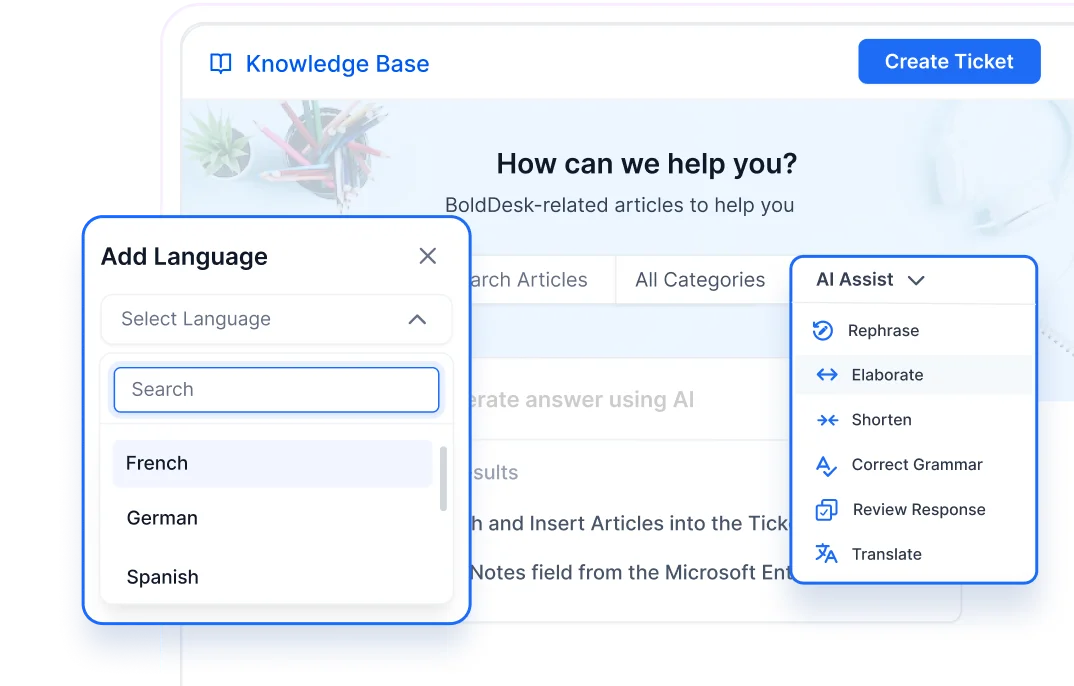 Interface showing language selection and AI assist options like rephrase, translate, and grammar correction – Finance Customer Service.