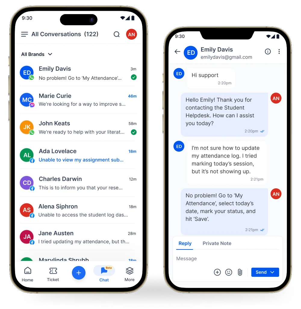 Two smartphone screens showing messaging app: left lists recent chats, right displays conversation with Emily Davis seeking help.