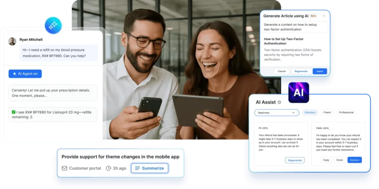 AI‑driven SaaS support stack integrating chat assistance, article creation, and ticket response automation.