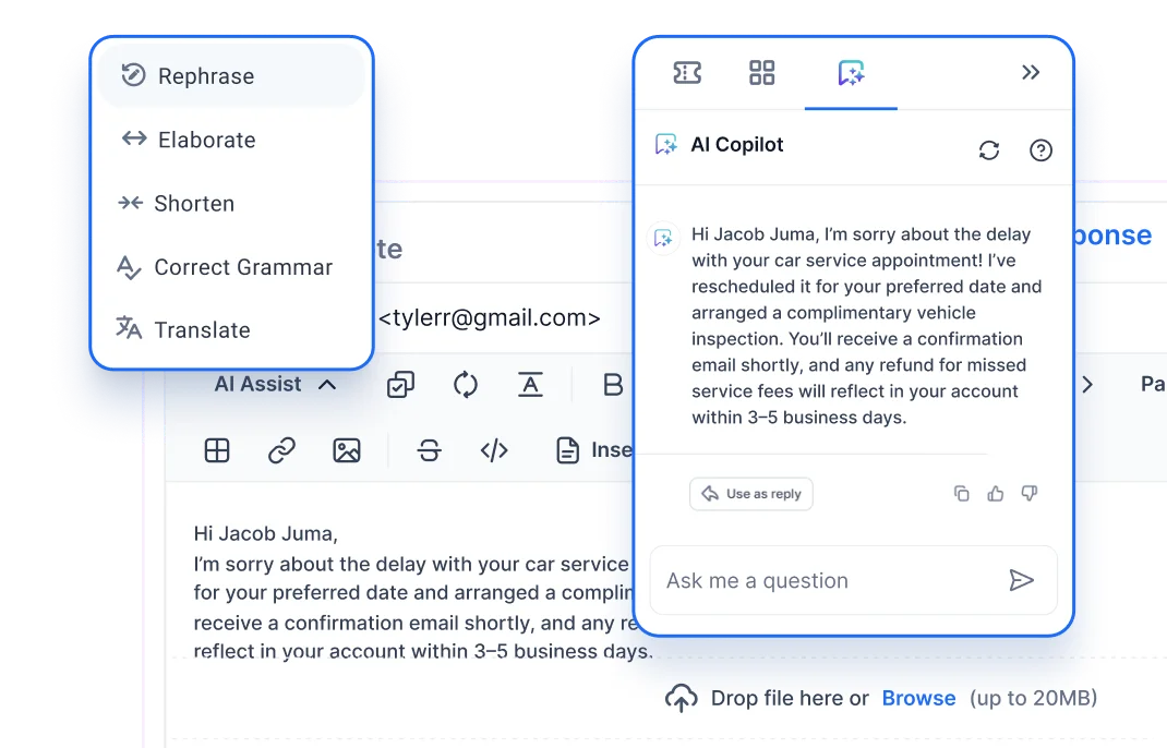 AI-powered writing assistant interface for improving customer responses.