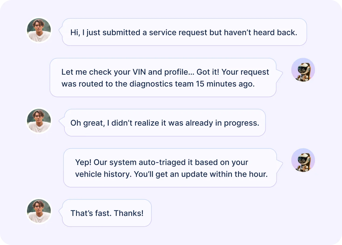 Conversation about service request routing and diagnostics team update.