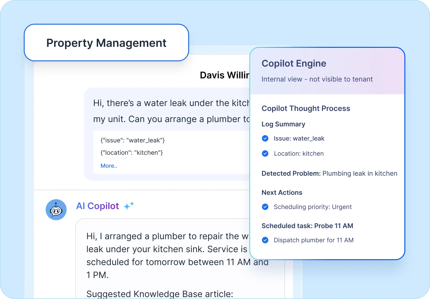 AI Copilot chat arranging plumber for kitchen water leak with internal panel showing issue details and scheduling priority.