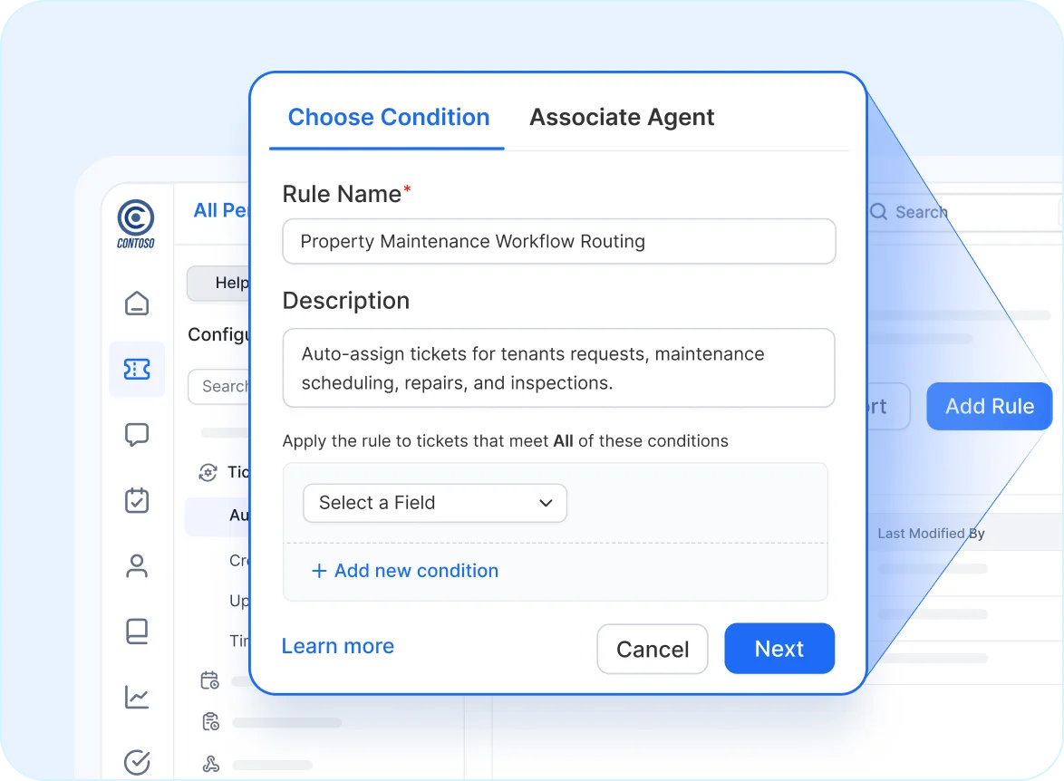 Workflow automation interface showing rule creation for call center routing with options to set conditions and assign agents.
