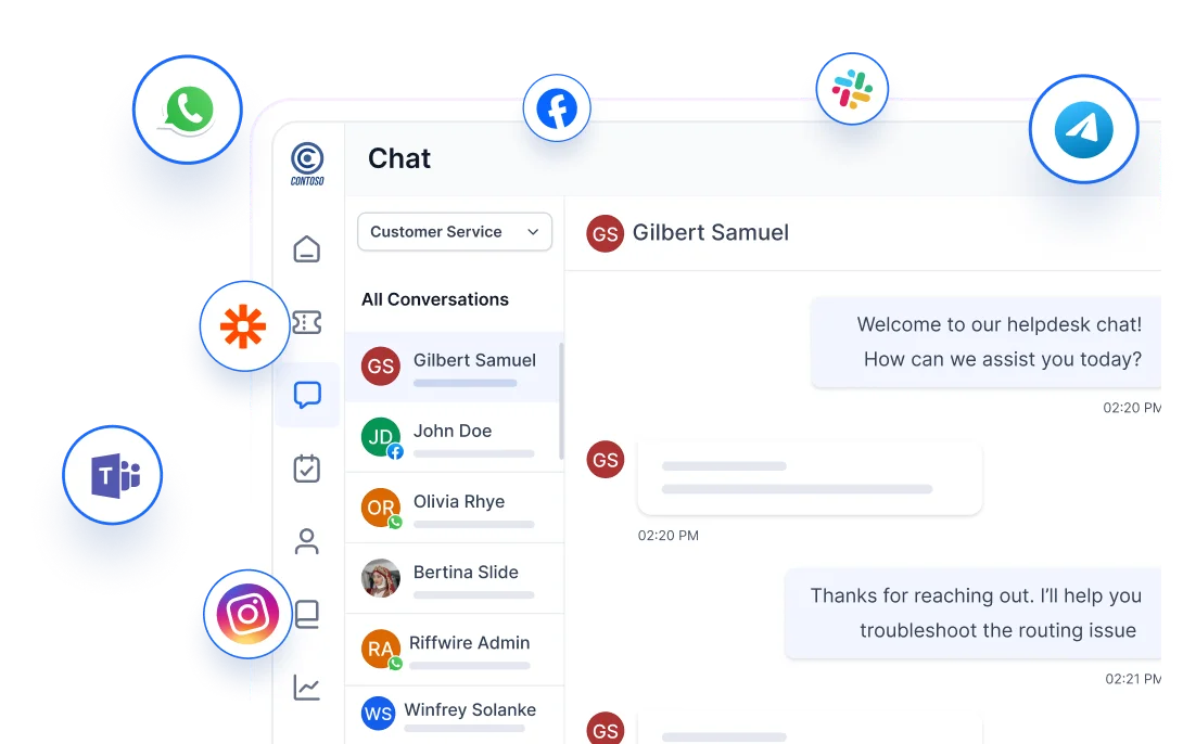 Chat interface showing customer conversations with icons for WhatsApp, Facebook, Teams, Instagram, and other channels