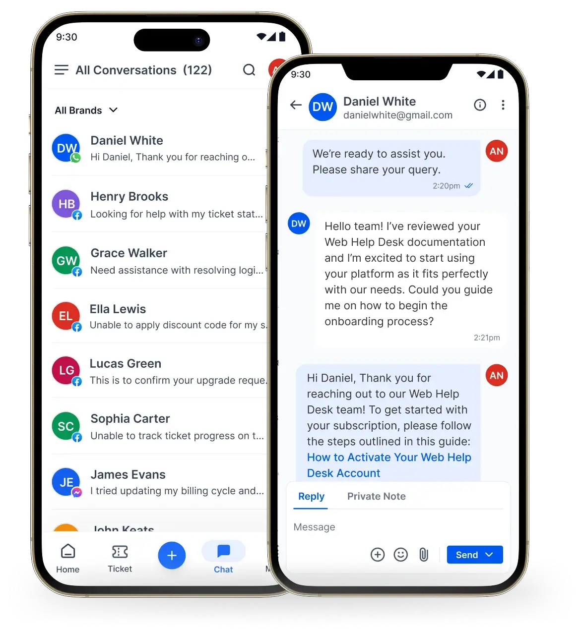 Web Help Desk mobile interface showing conversation list and detailed chat for onboarding and support guidance.
