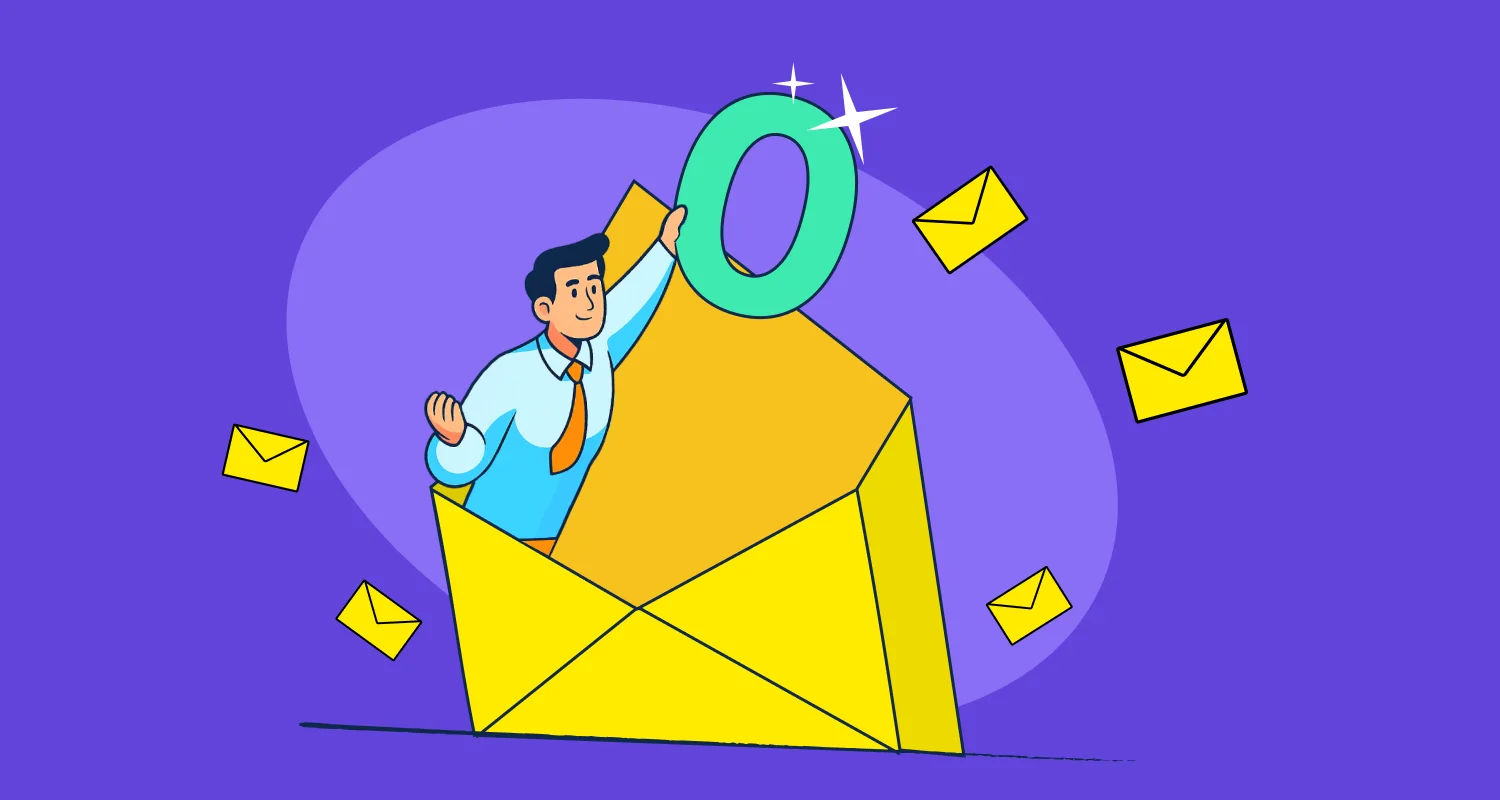 Illustration of inbox zero concept with a person holding a shiny zero inside a large yellow envelope, surrounded by mail icons.