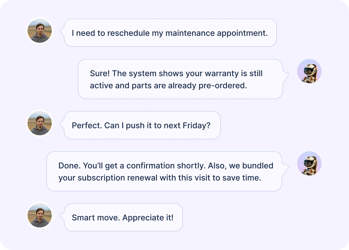 Conversation about rescheduling maintenance and confirming warranty status.