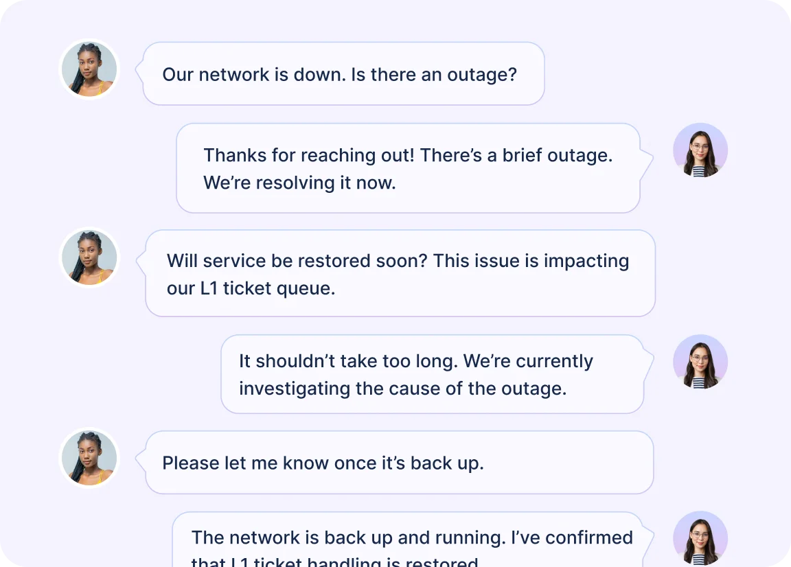 Chat interface showing IT support conversation about network outage and restoration updates for ticket handling.