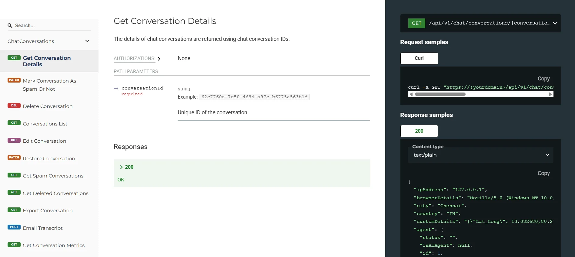 BoldDesk Chat API documentation displaying the Get Conversation Details endpoint with code examples