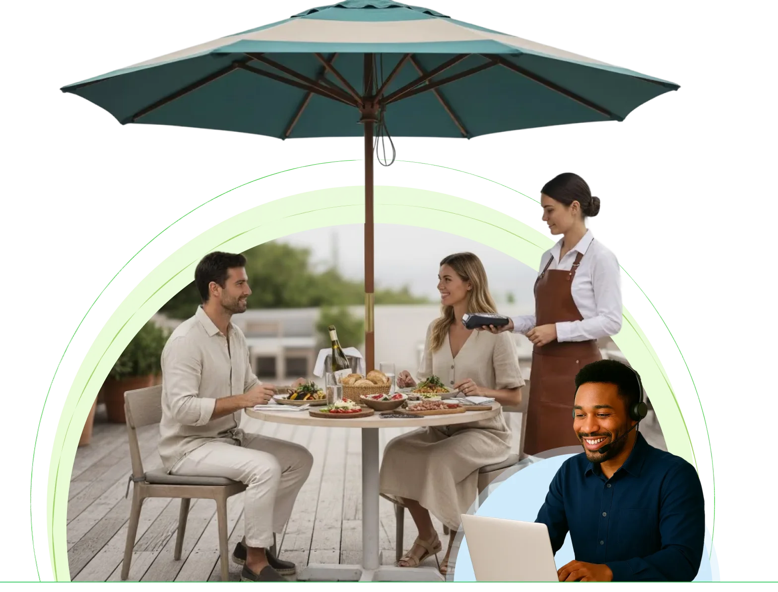 Server delivering meals to guests at an outdoor dining table under an umbrella showcasing restaurant customer service.