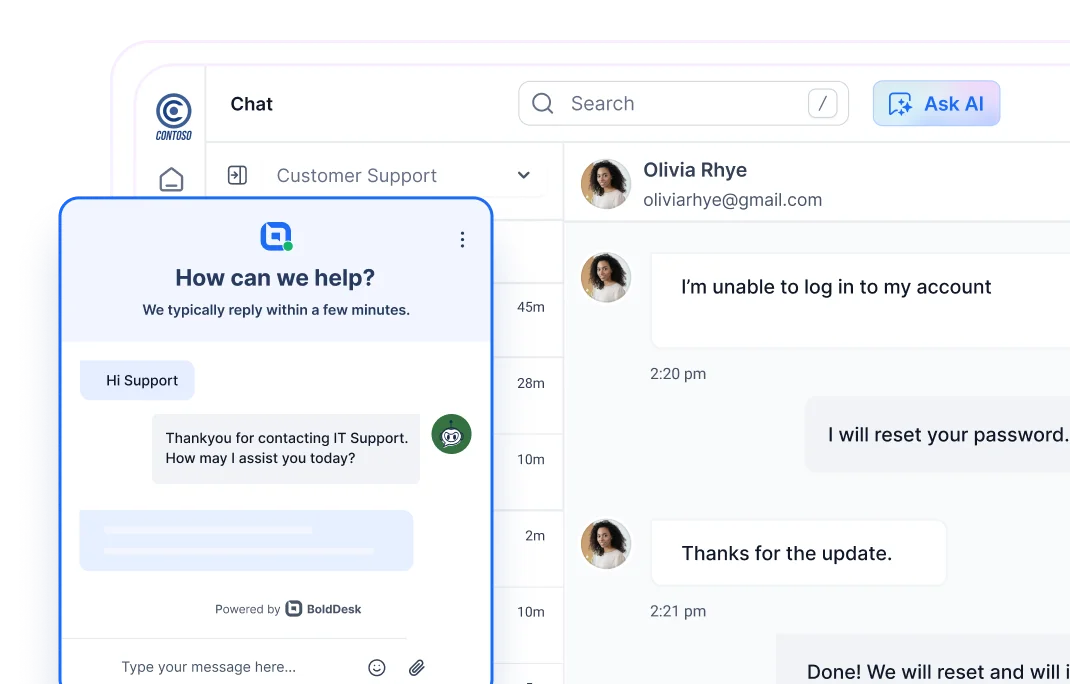 Live chat interface for IT support showing conversation window and chat messages about password reset assistance.