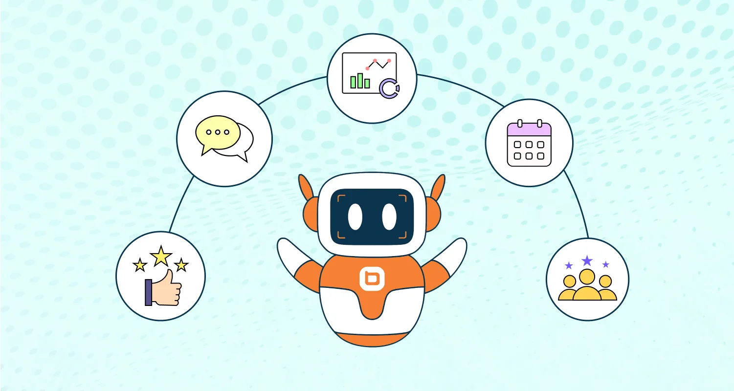 AI agent examples illustrated with a central chatbot and surrounding icons for chat, analytics, task management, feedback, and collaboration.