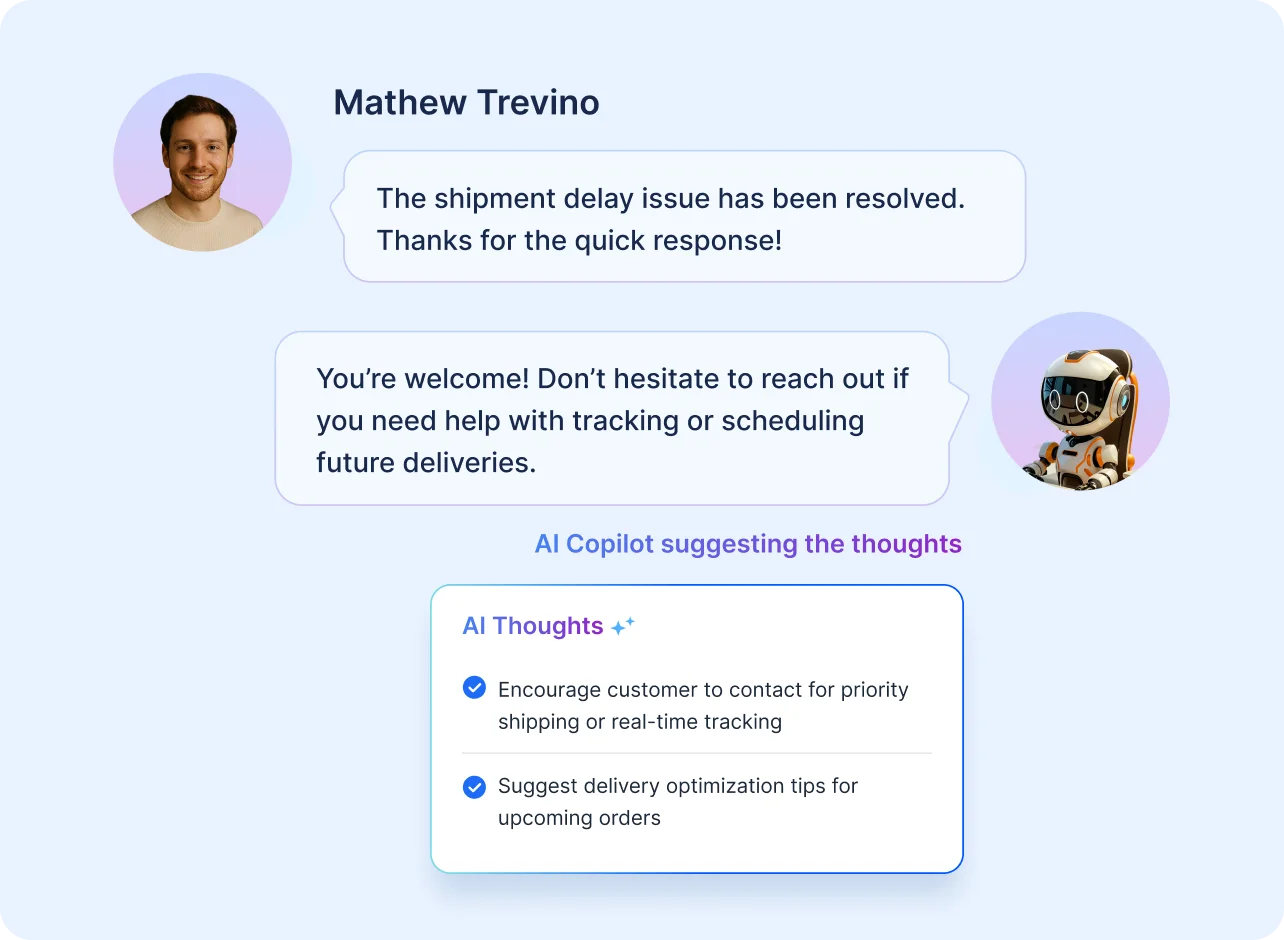 Help desk software for logistics with AI Copilot suggesting delivery optimization and priority shipping tips.