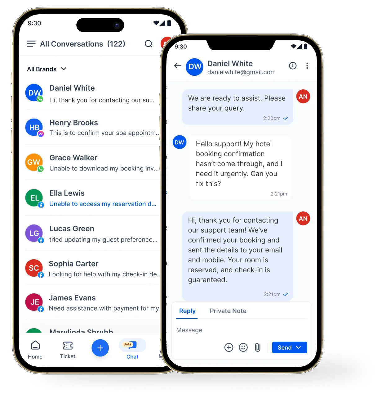 Hospitality help desk mobile app providing real-time customer support for booking issues and confirmations.