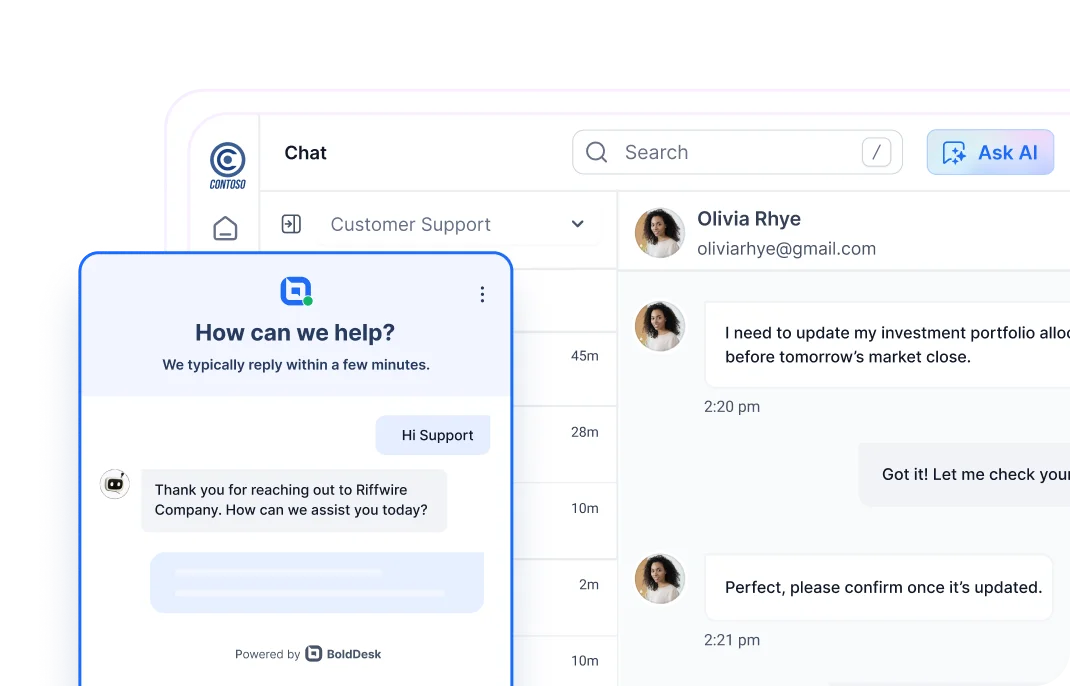 Customer support chat interface with compliance badges and AI-powered assistance for quick responses – Help desk for Finance.