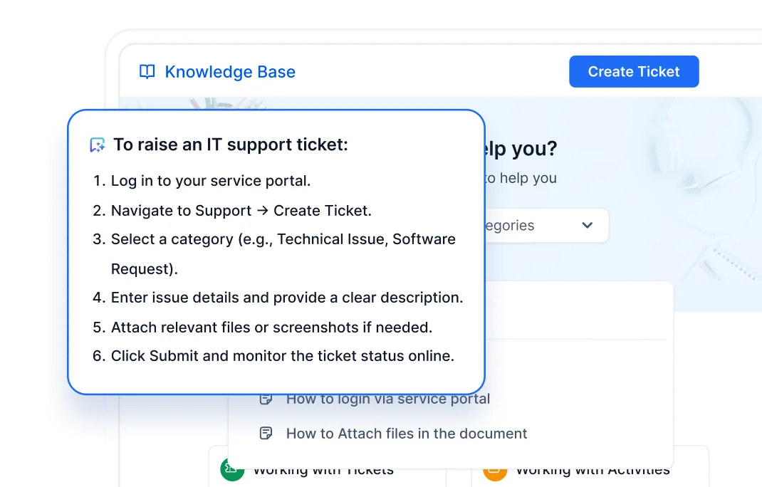 Self-service portal screen showing steps to raise an IT support ticket with category options and instructions.