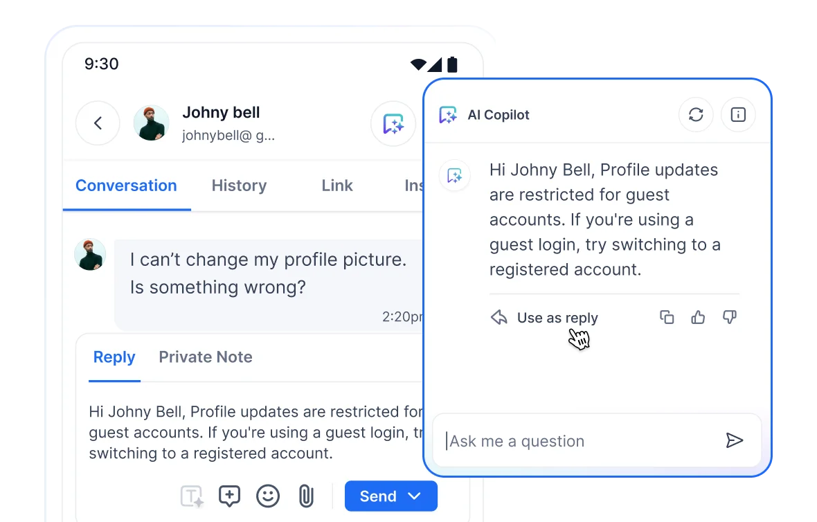 AI Copilot in BoldDesk mobile help desk suggesting reply for customer query about profile update issue.