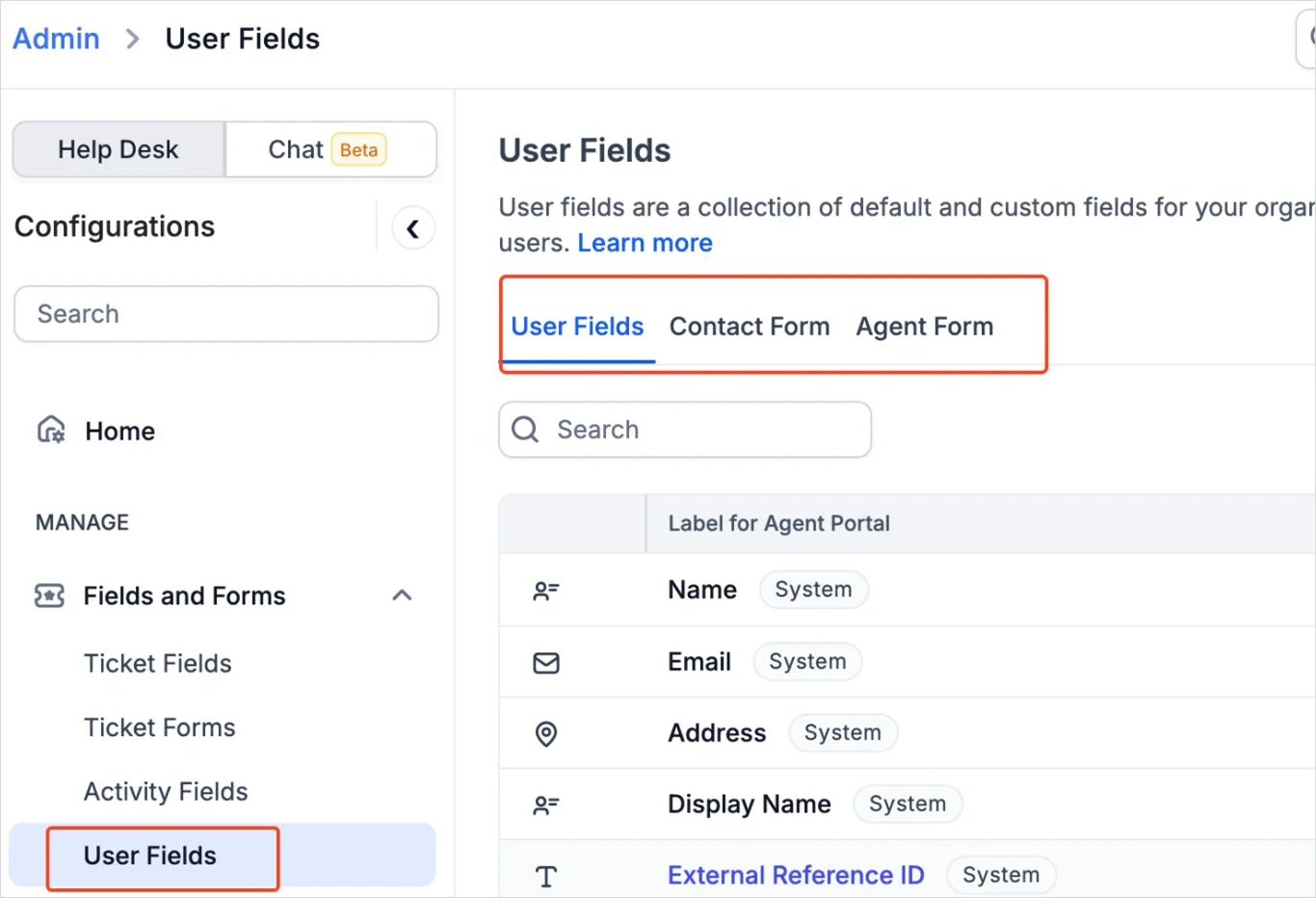 Admin panel showing User Fields configuration with tabs for User Fields, Contact Form, and Agent Form, plus default field labels