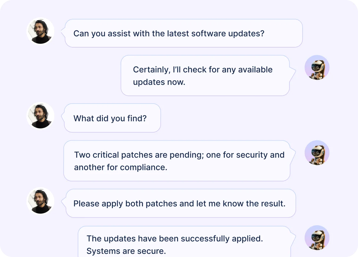 Chat interface showing MSP support conversation about checking and applying critical software updates for security and compliance.