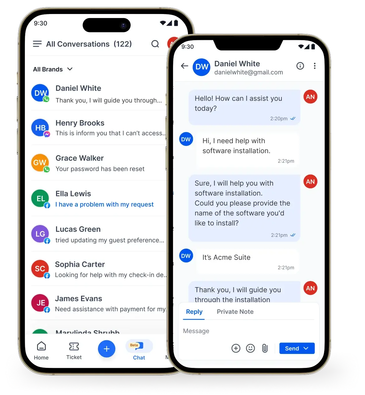Mobile help desk interface showing conversation list and active chat for software installation support on two smartphone screens.