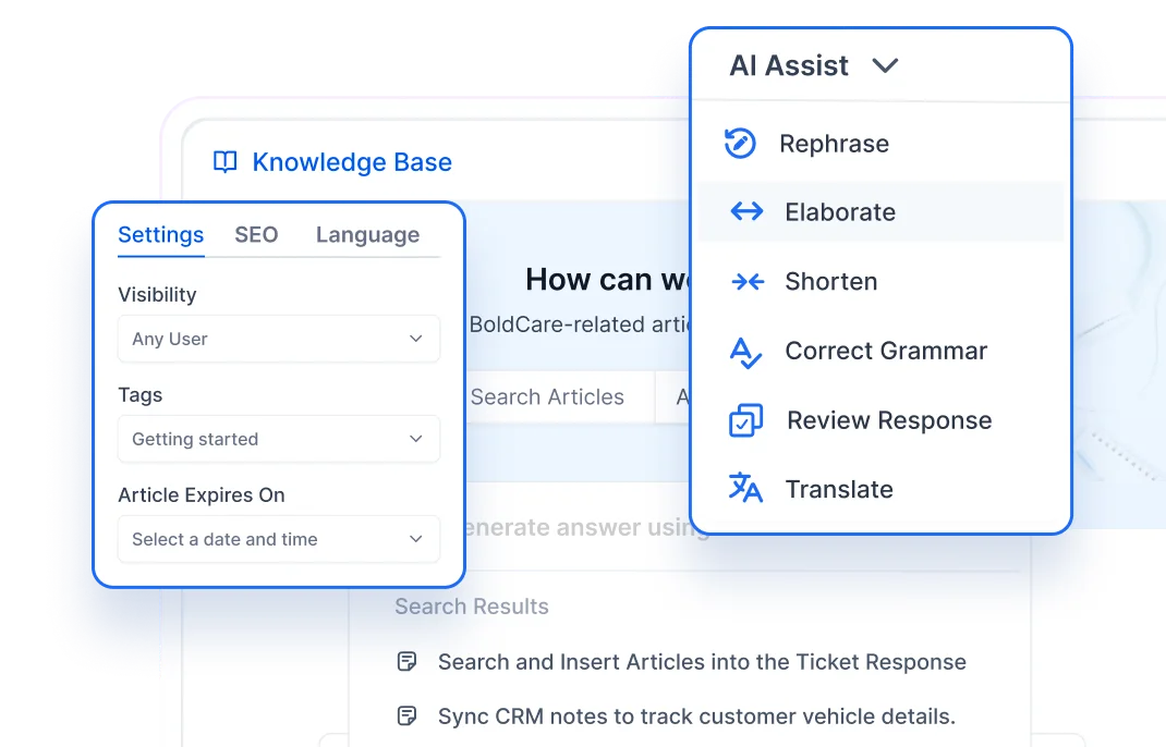 Automotive help desk software knowledge base with AI assist options for rephrase, elaborate, and grammar fix.